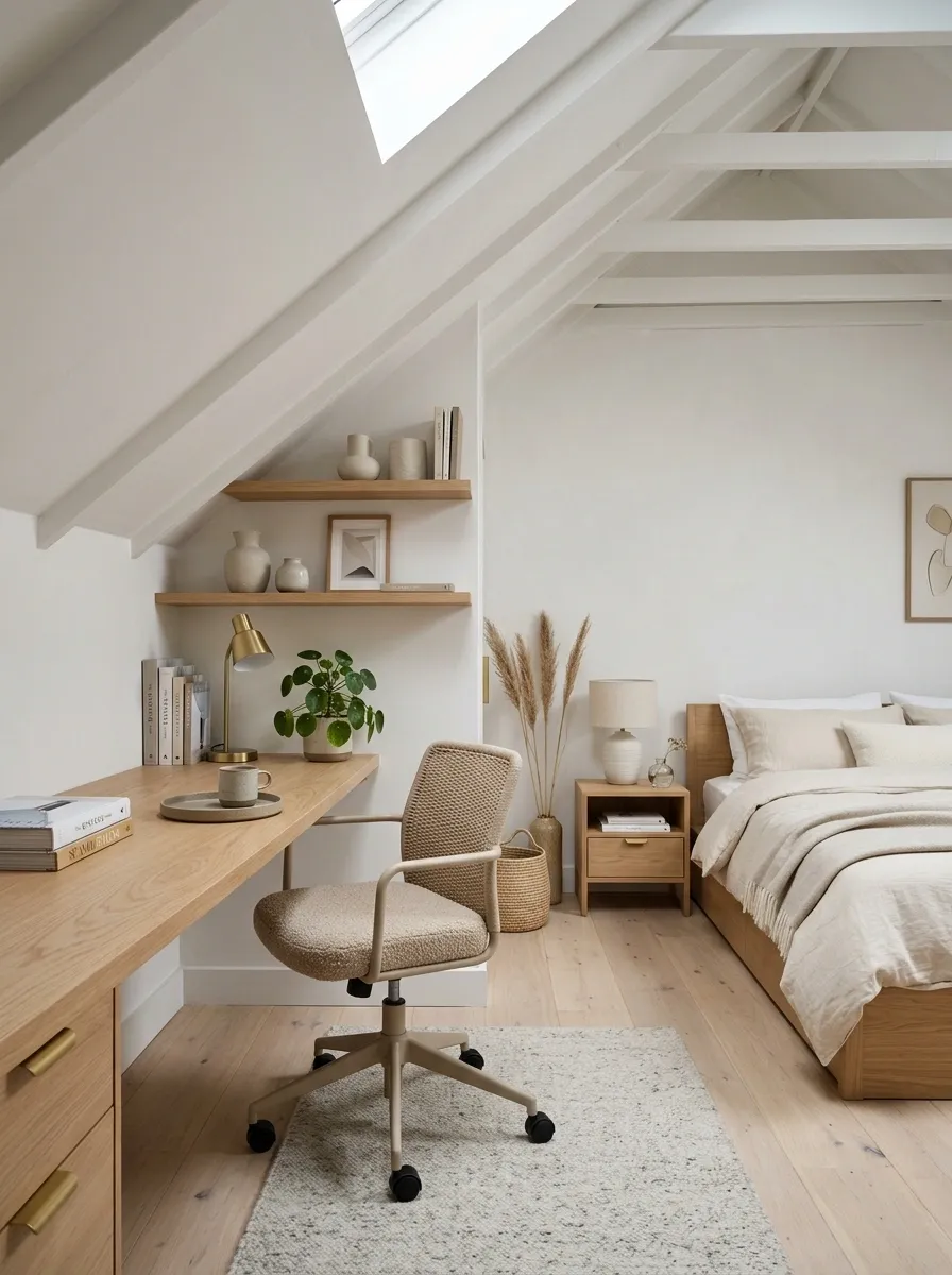 Compact Bedroom Office With a Desk Under the Lowest Slope