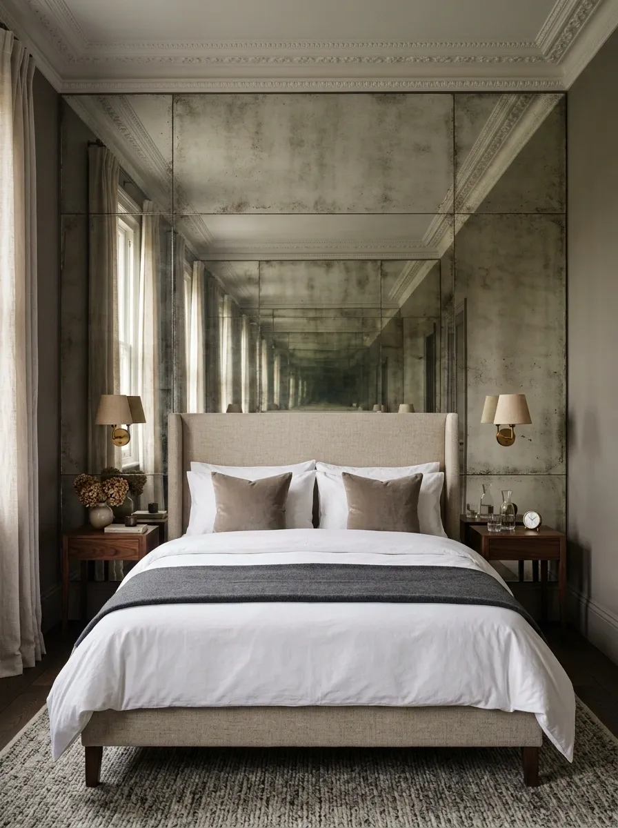 Compact Bedroom With an Aged Mirror Wall