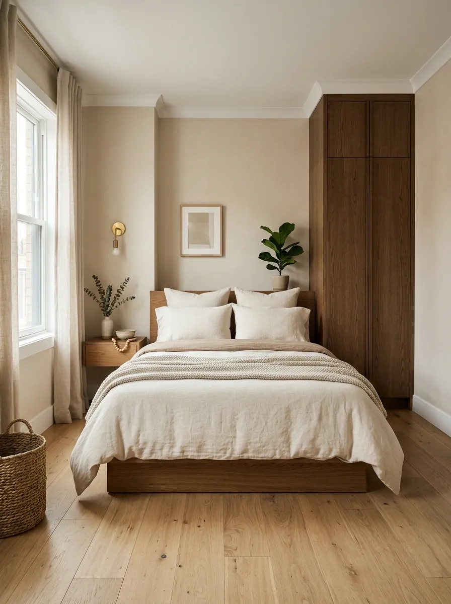 Compact Bedroom With Warm Oak at Different Depths