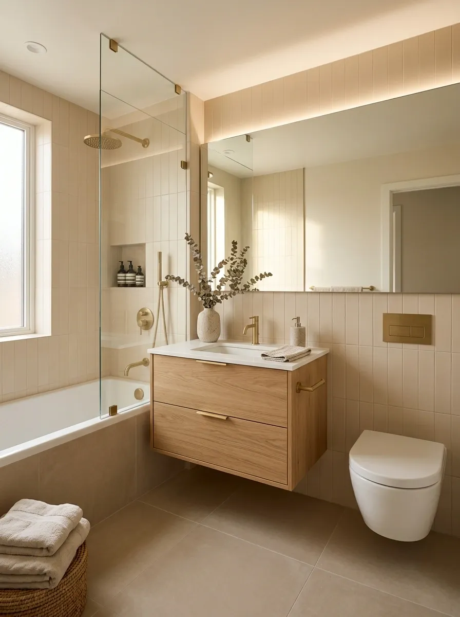 Compact Beige Apartment Bathroom With a Shower-Tub Combination