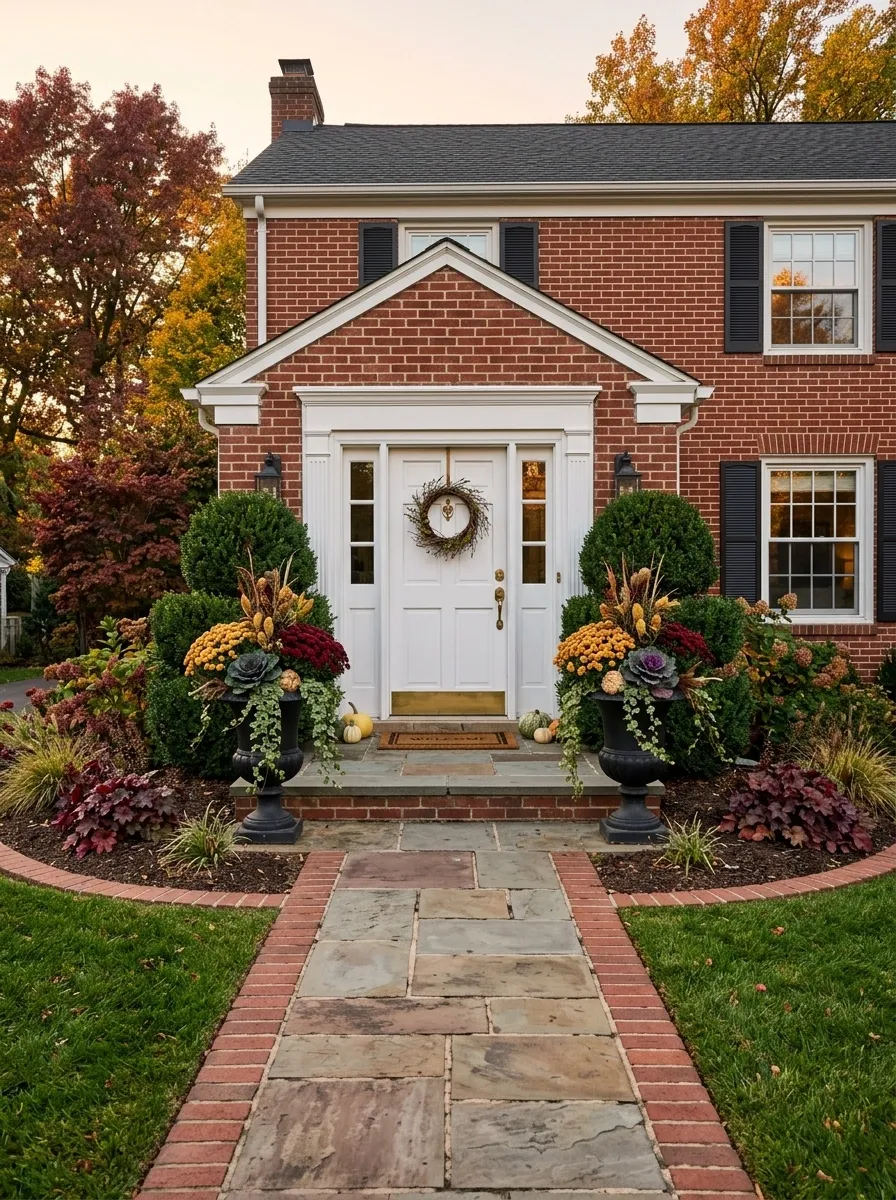 Compact Colonial Entry With Traditional Fall Planting