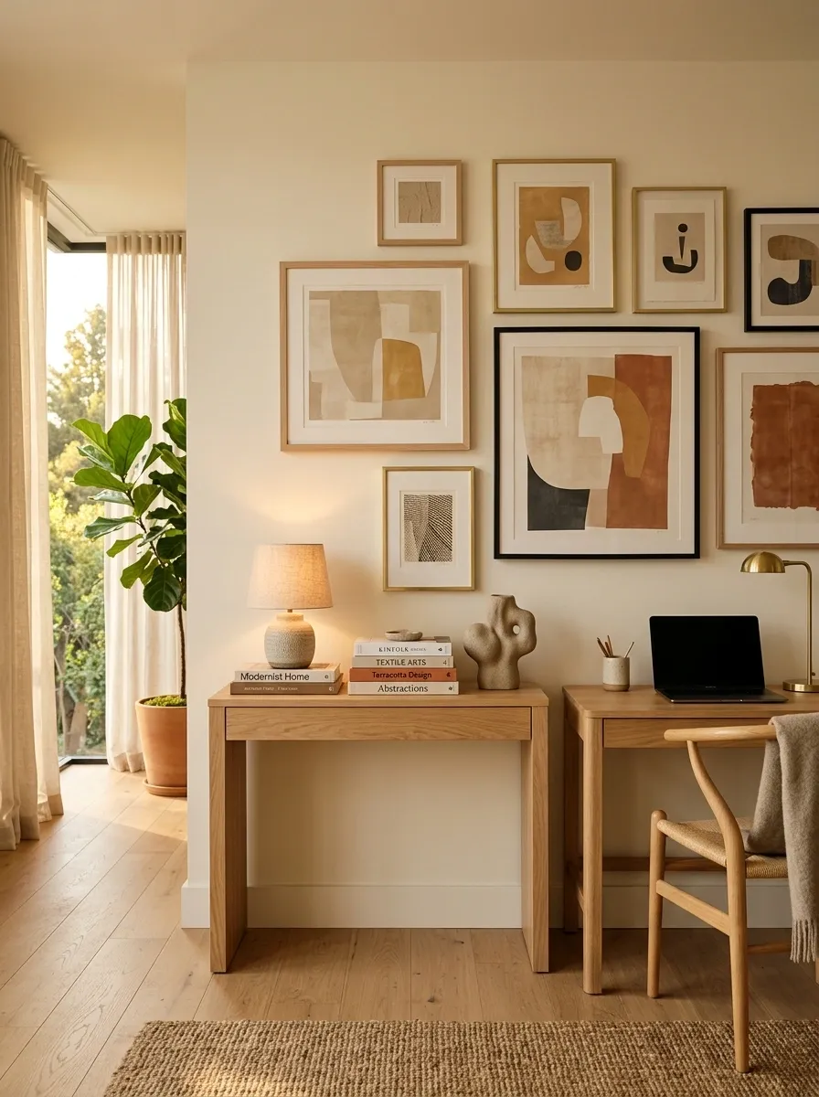Compact Console Beneath a Gallery Wall in a Creative Home Office