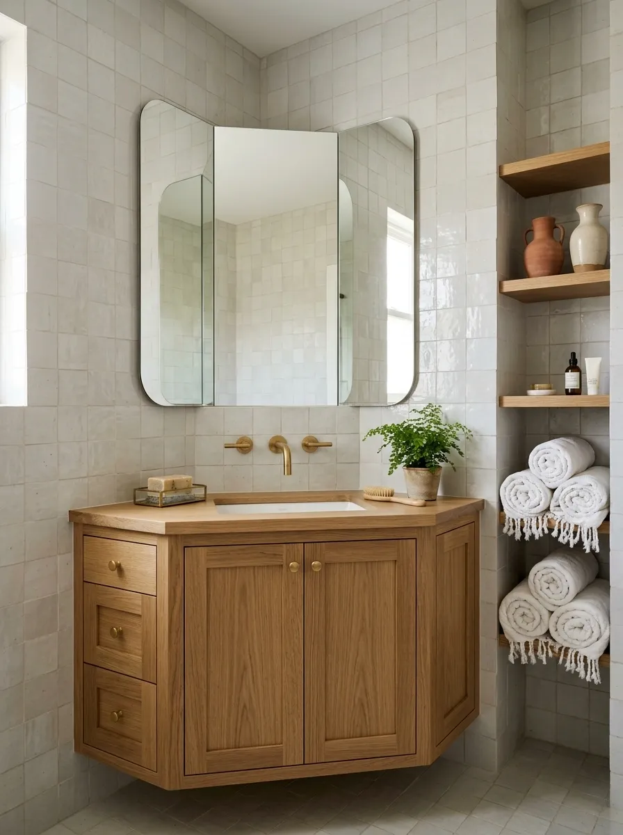Compact Corner Sink With Custom Shelving and Mirror