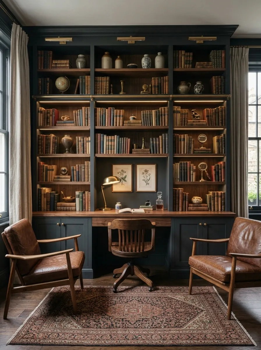 Compact Dark Academia Office With a Built-In Desk and Bookcase