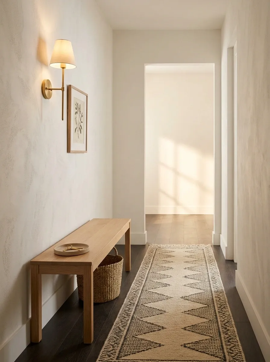 Compact Entryway With a Long Narrow Runner and Wall Sconce