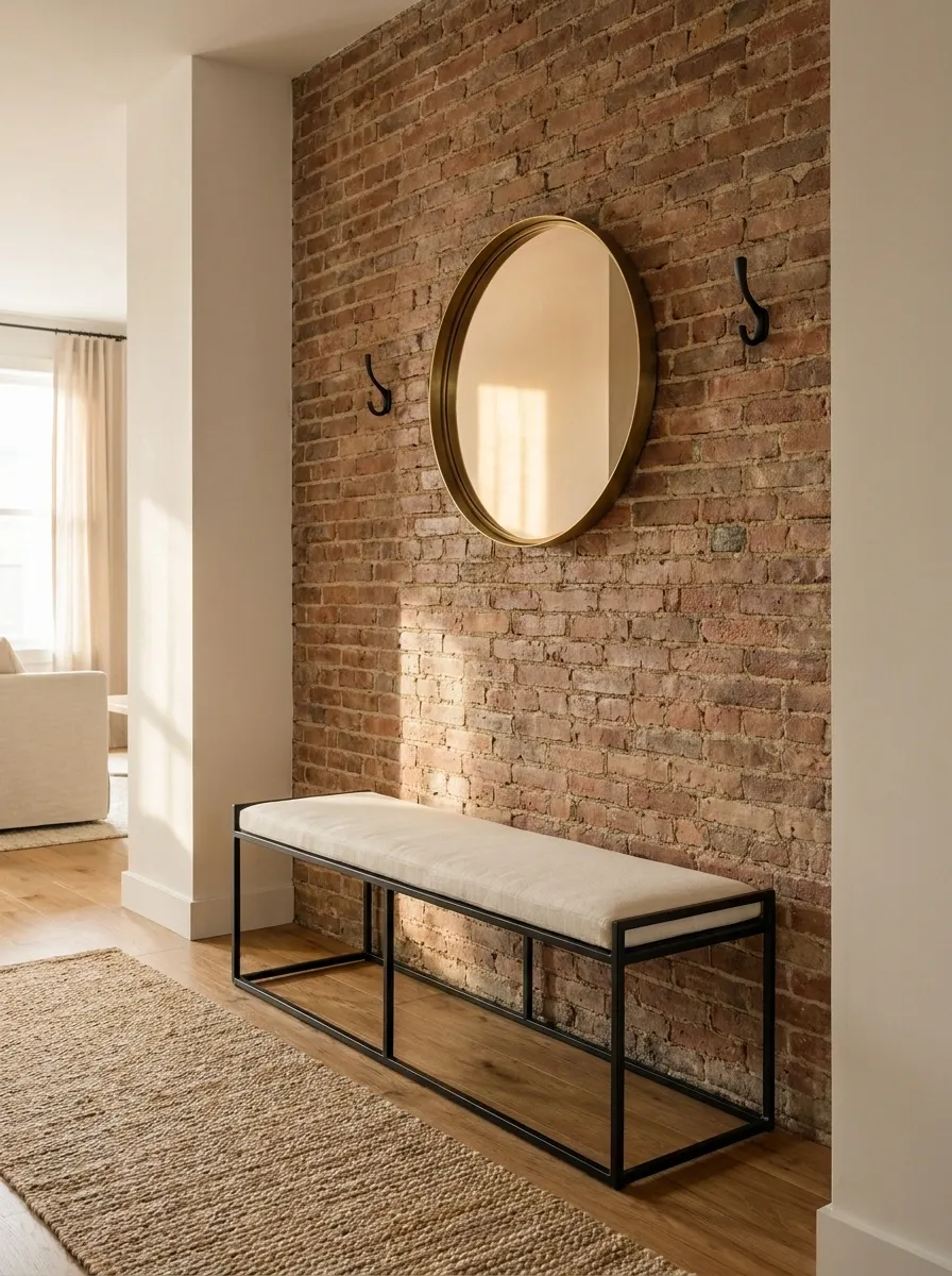 Compact Entryway With a Warm Brick Wall and Slim Black Furniture