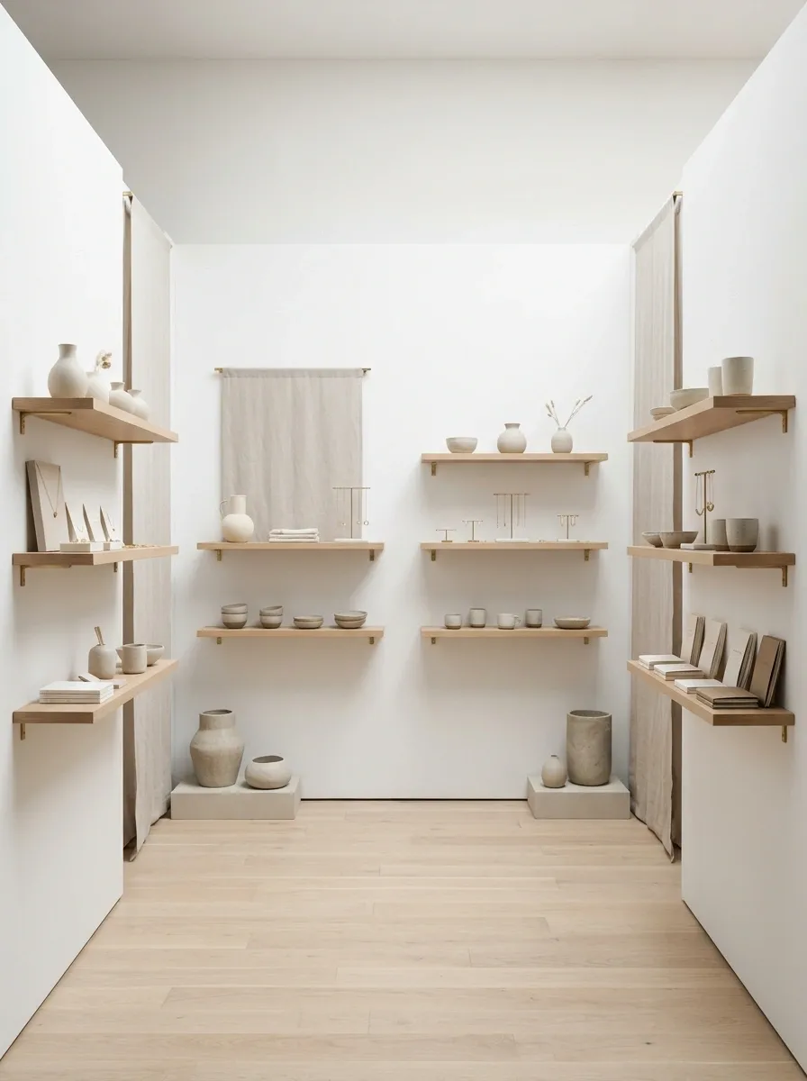 Compact Gallery Booth With White Walls and Floating Ledges