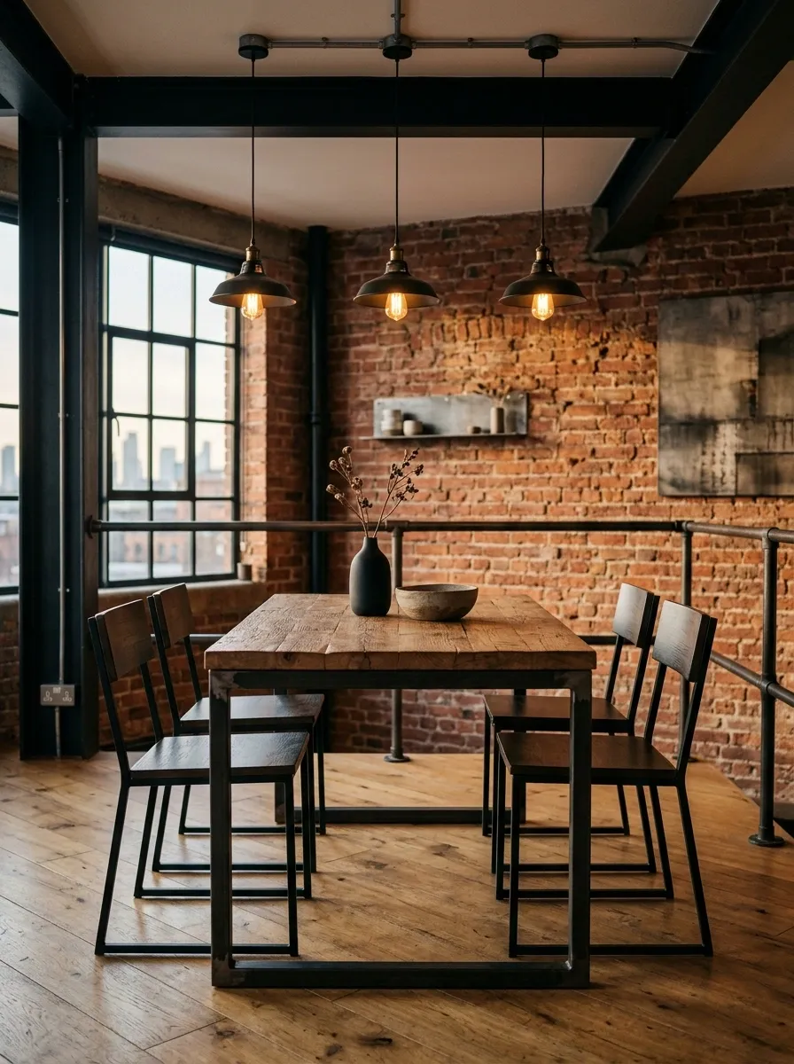 Compact Industrial Dining Room With Steel-Framed Table and Brick Wall