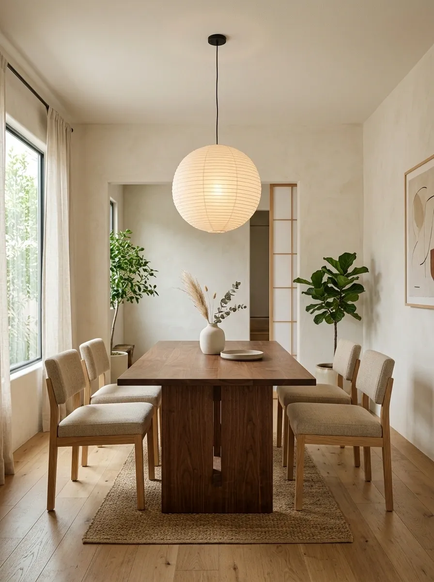Compact Japandi Dining Room With Low Walnut Furniture