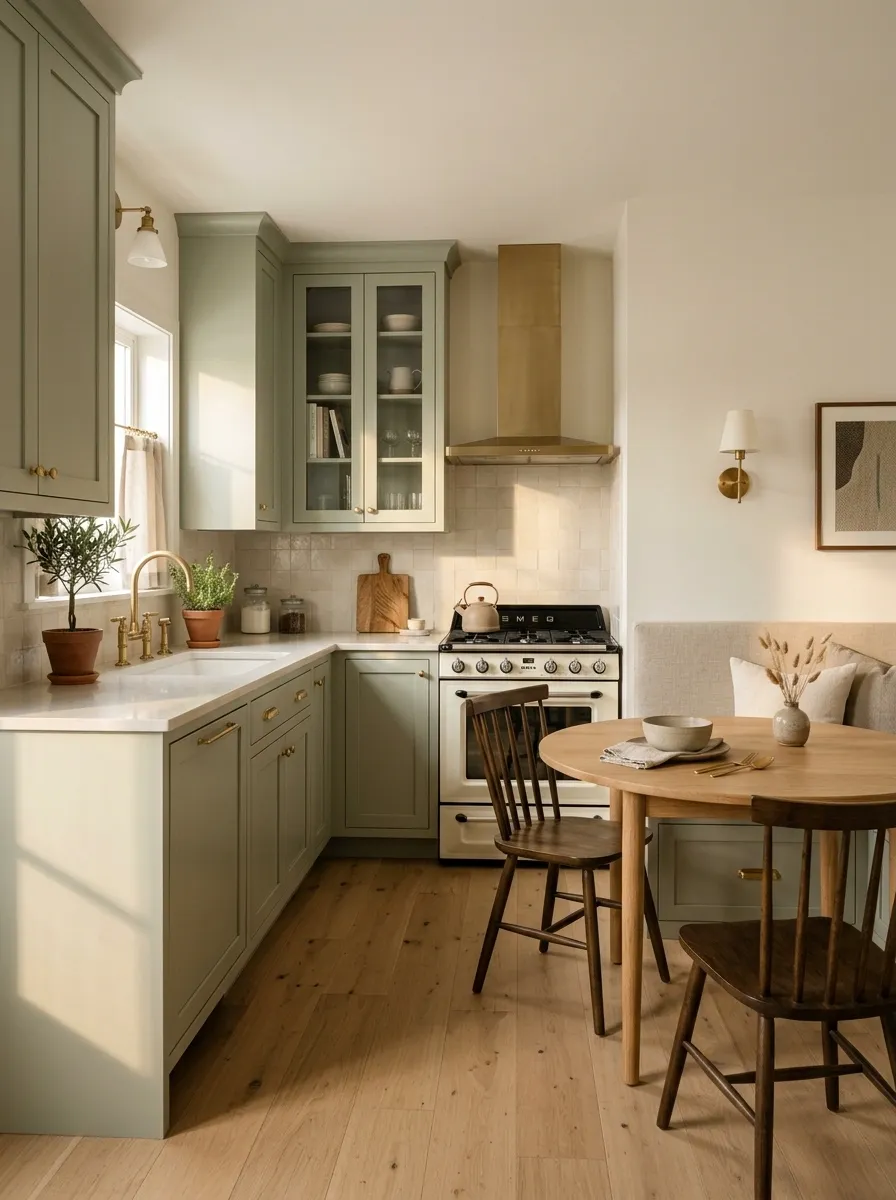 Compact L-Shaped Green Kitchen With a Banquette Dining Area