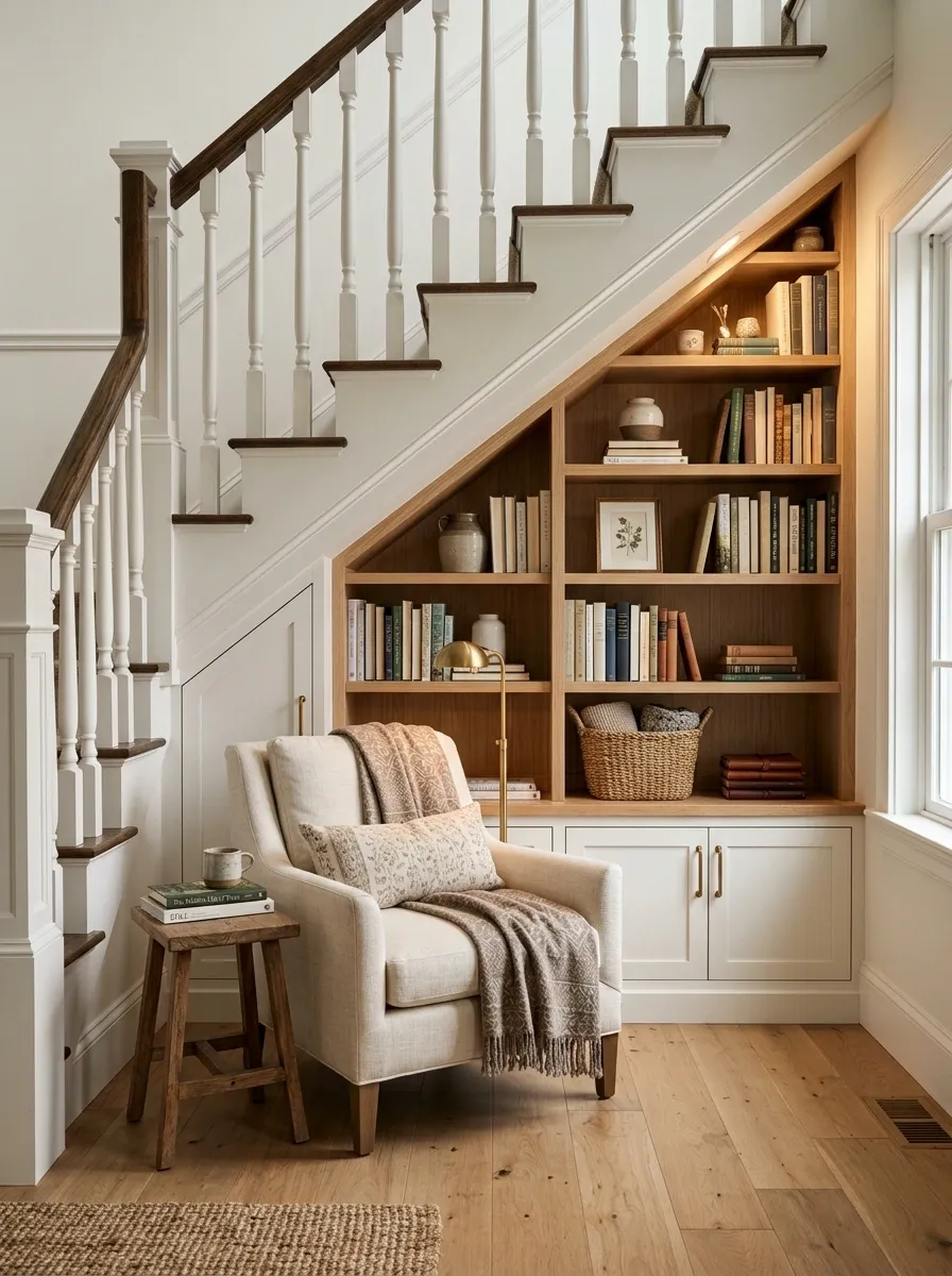 Compact Library Nook Beneath a Staircase