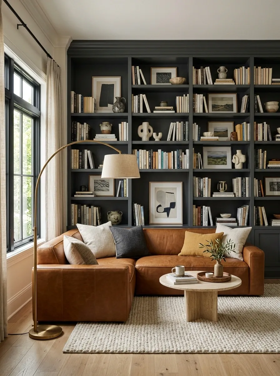 Compact Sectional Around a Built-In Bookcase Wall