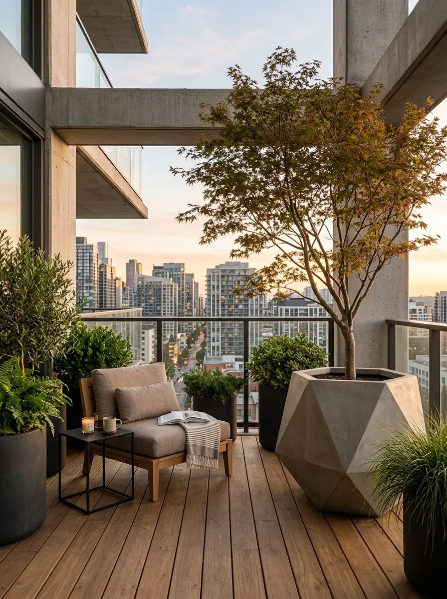 Contemporary Balcony With Large Planters and One Statement Tree