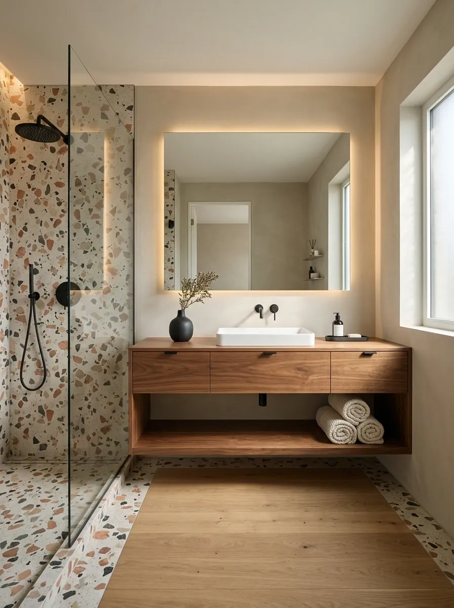 Contemporary Bathroom With Graphic Terrazzo and Walnut
