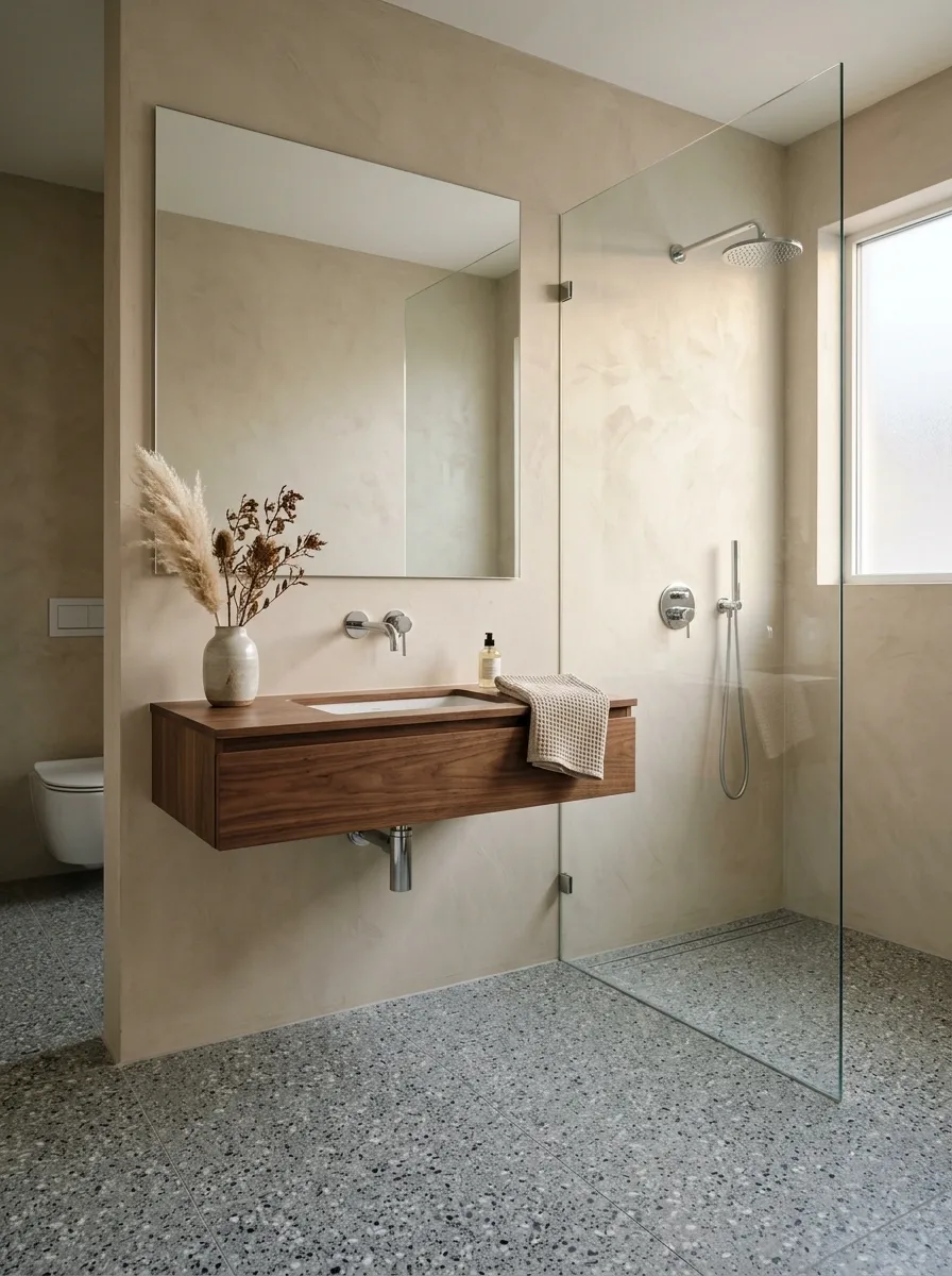 Contemporary Bathroom With Grey Terrazzo and Beige Plaster Walls