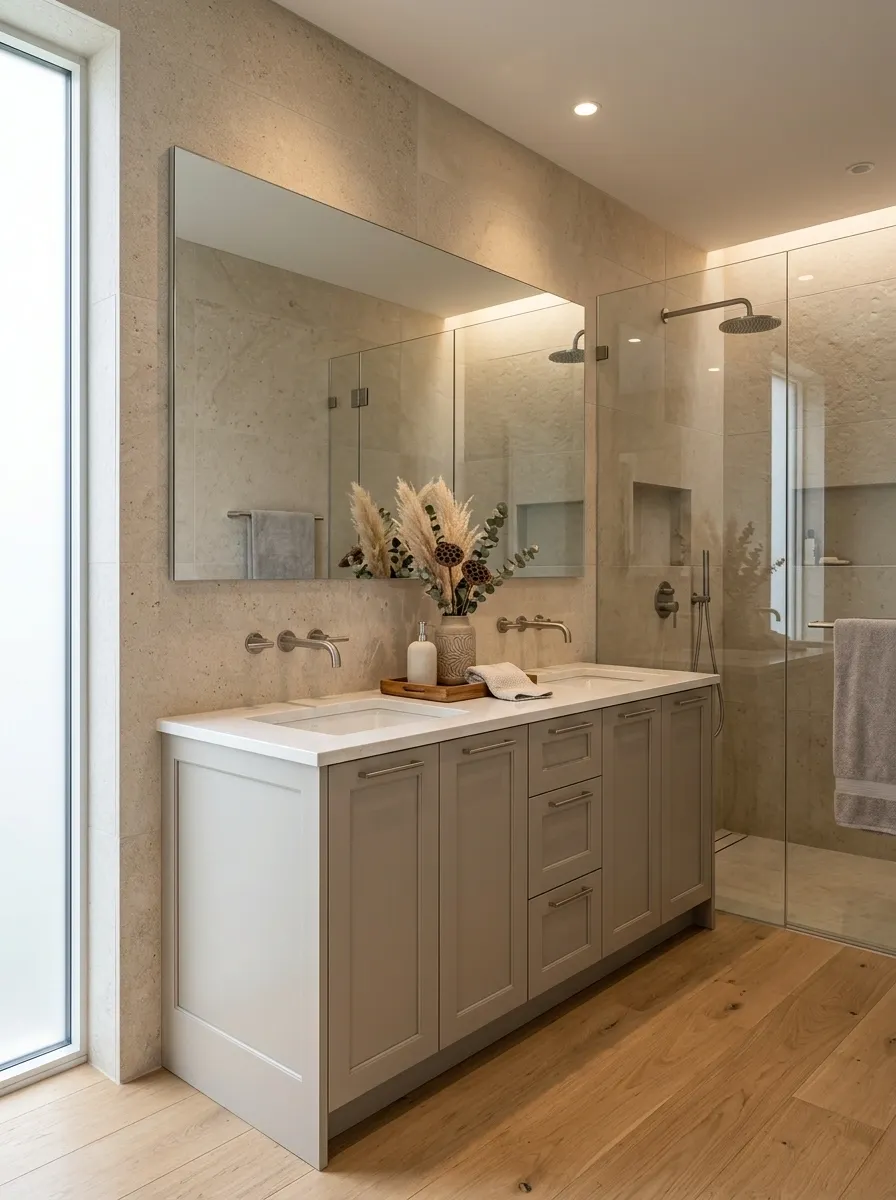 Contemporary Beige Bathroom With Warm Greige Cabinetry