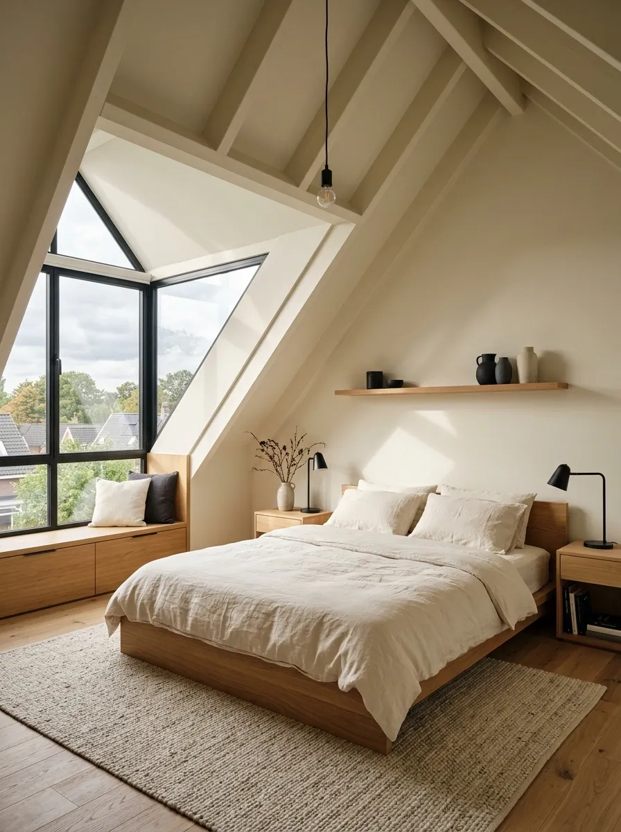 Contemporary Black-and-Wood Bedroom With a Dramatic Dormer