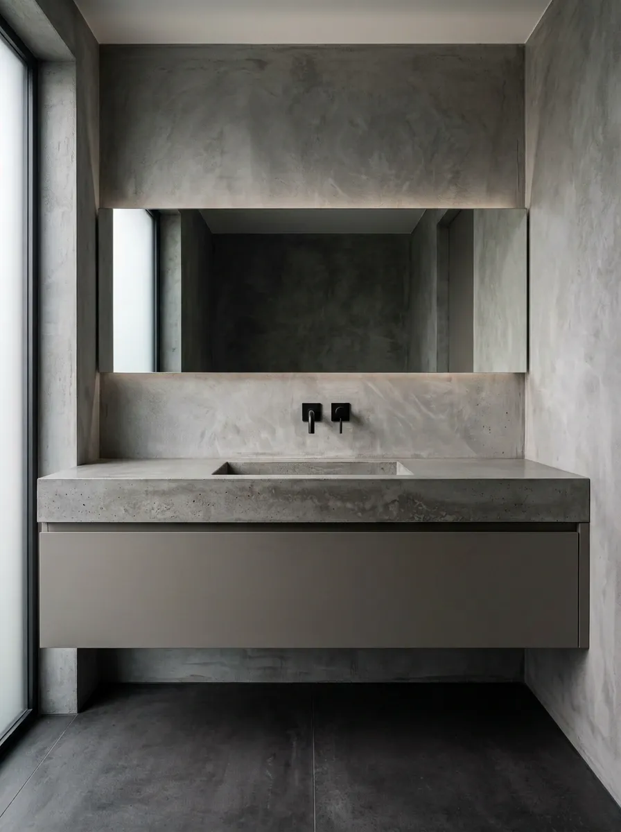 Contemporary Concrete Sink Area With Matte Black Fixtures