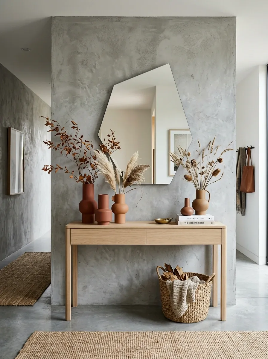 Contemporary Entry With Concrete, Oak, and Rust-Colored Ceramics