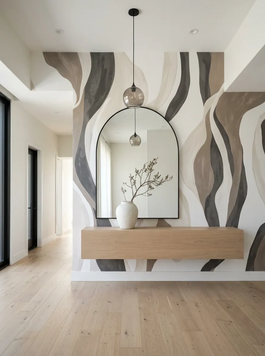 Contemporary Entryway With Oversized Abstract Wallpaper