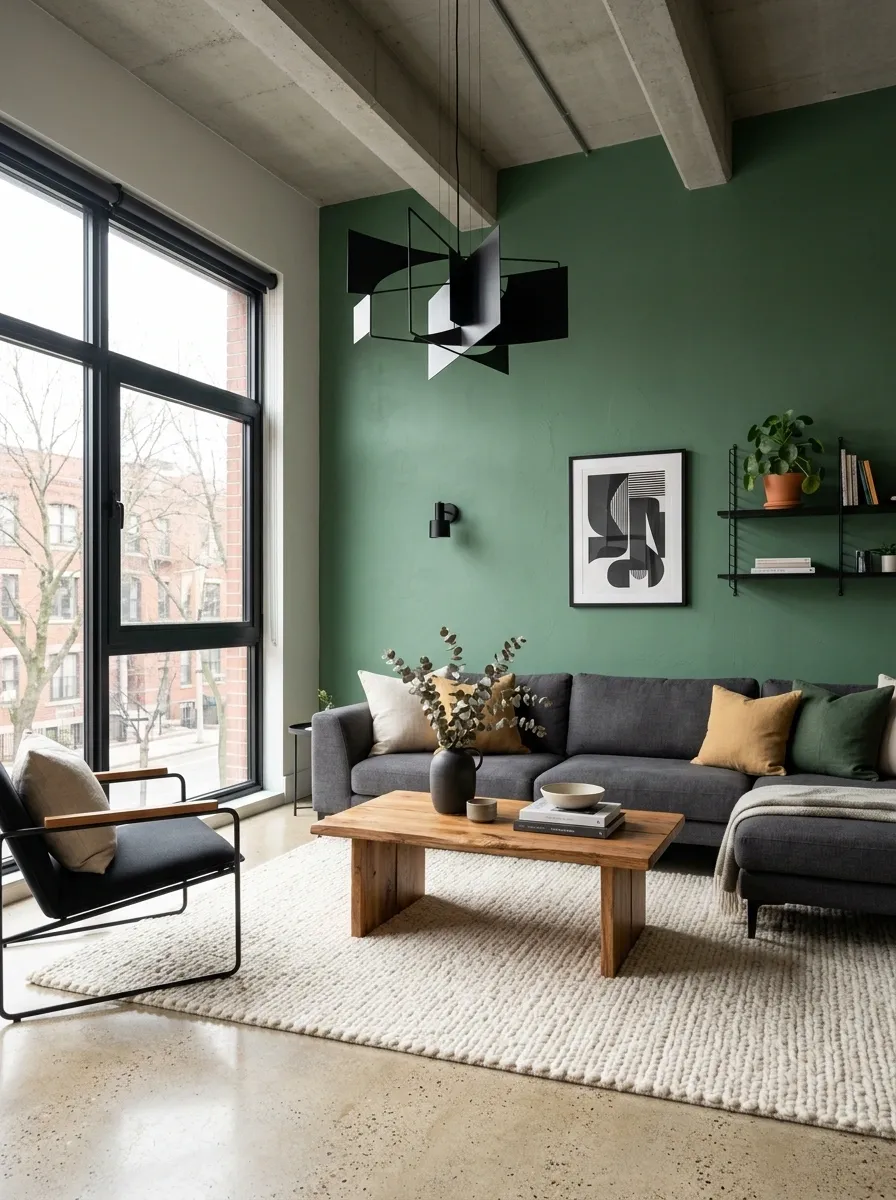 Contemporary Green Living Room With a Charcoal Sofa and Concrete