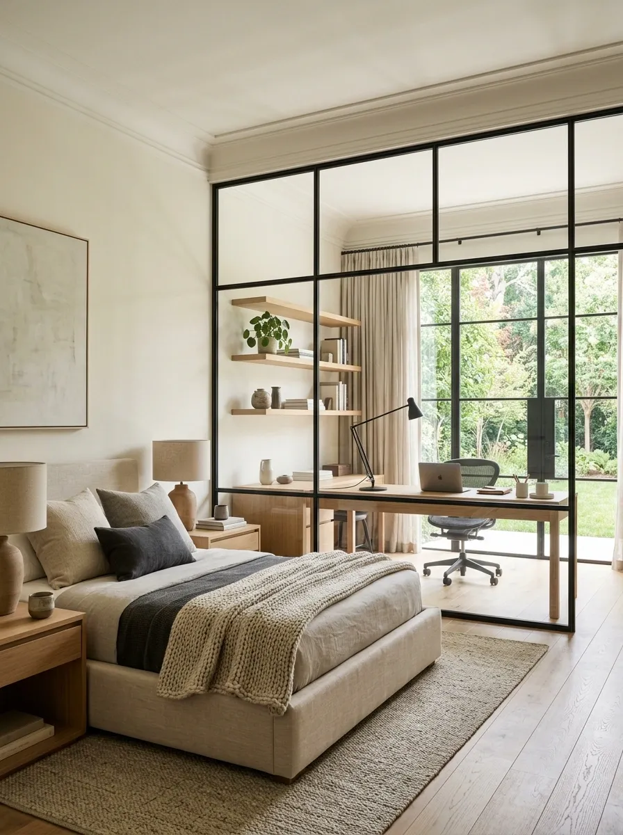 Contemporary Guest Room With a Glass Office Partition