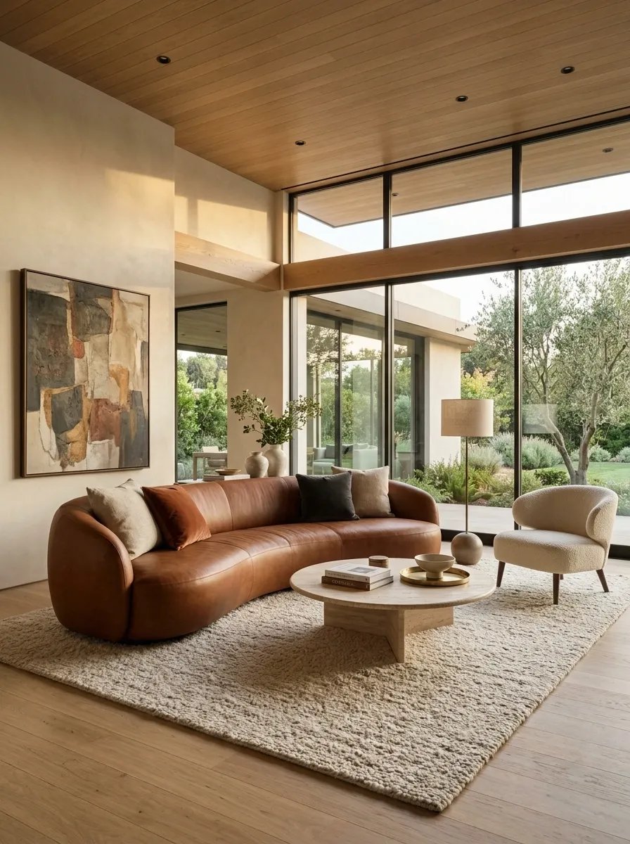 Contemporary Living Room With a Curved Brown Sofa