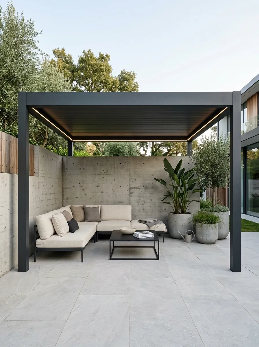 Contemporary Pergola With Solid Metal Roof