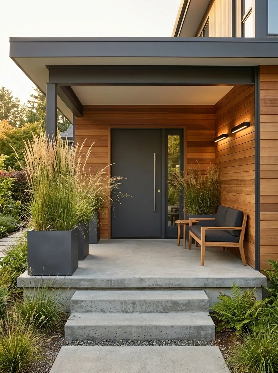 Contemporary Porch With Concrete, Wood, and Tall Grasses