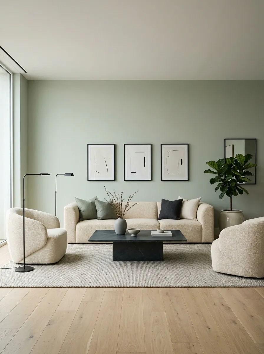 Contemporary Sage Living Room With Cream Bouclé and Black Stone
