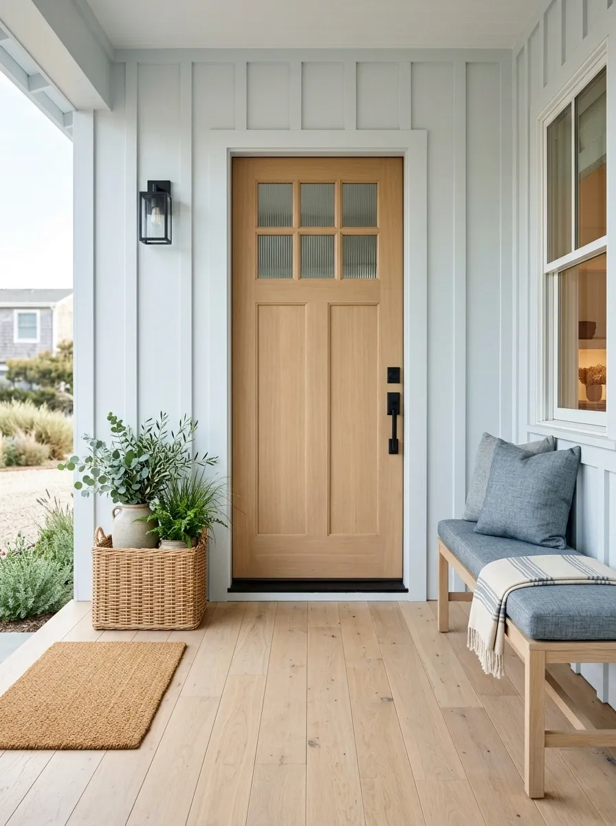 Cool White Porch With Pale Oak and Blue-Gray Accents