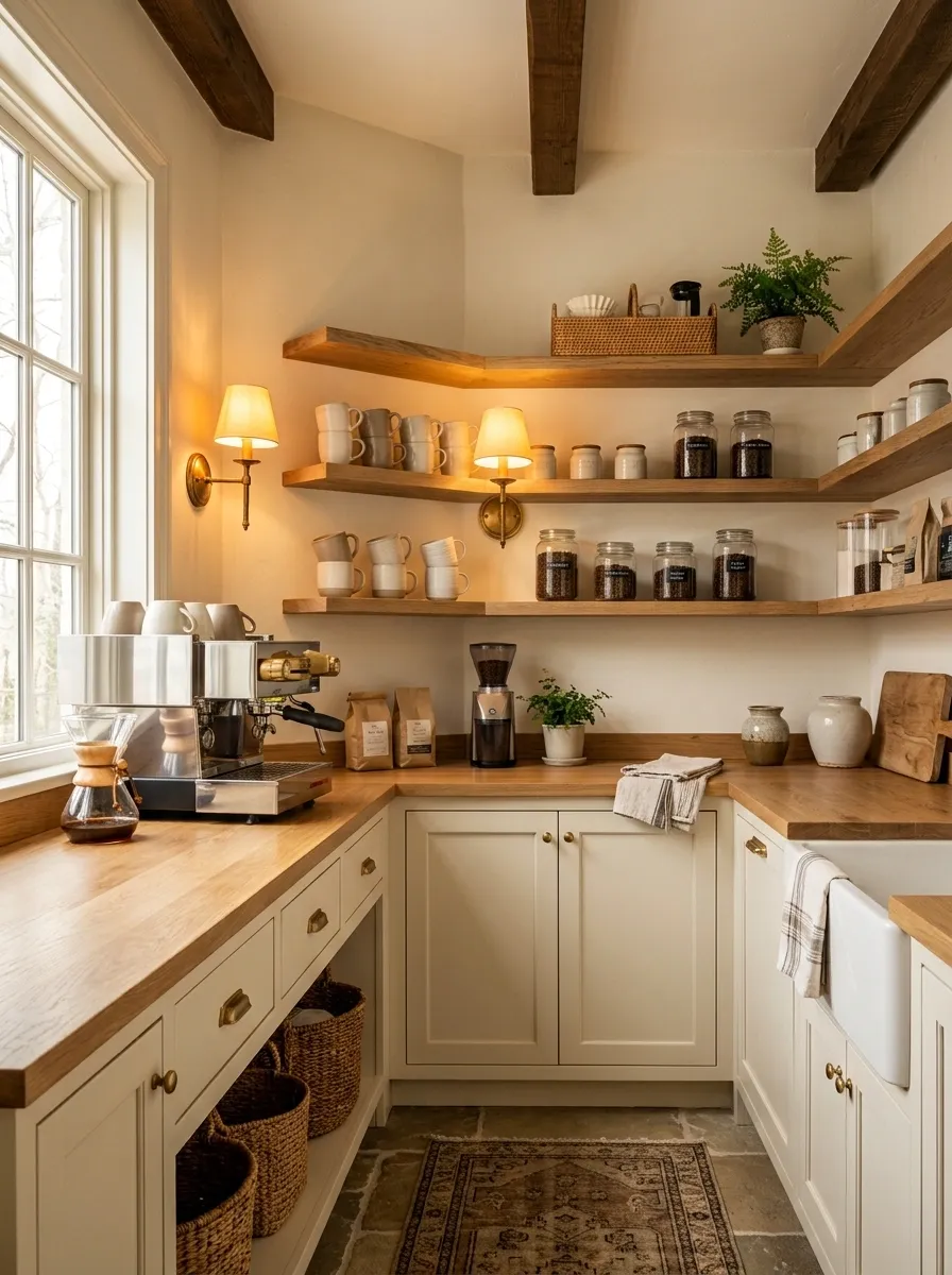 Corner Farmhouse Coffee Bar With Open Shelving