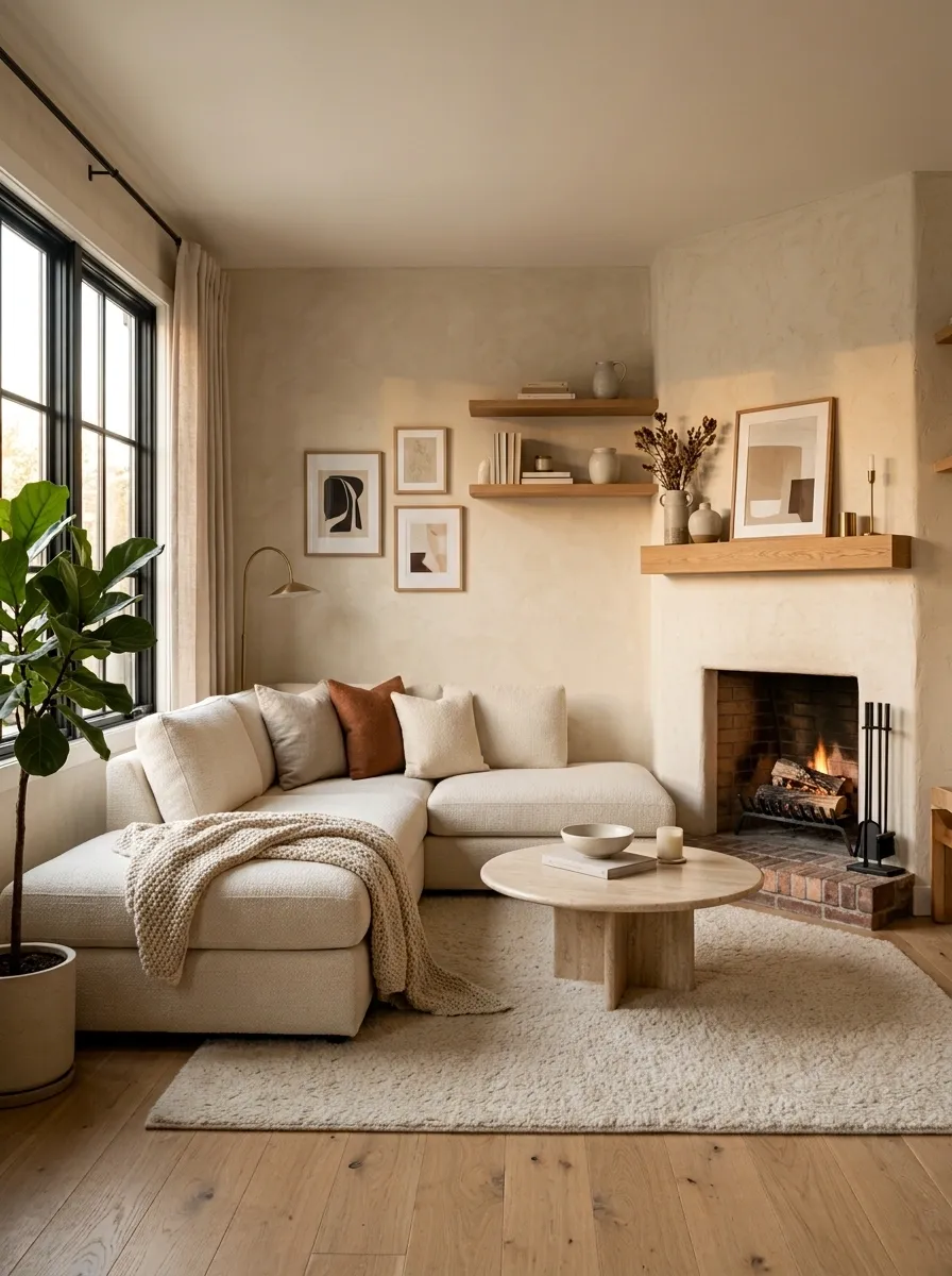Corner Sectional Wrapped Around a Compact Fireplace Nook
