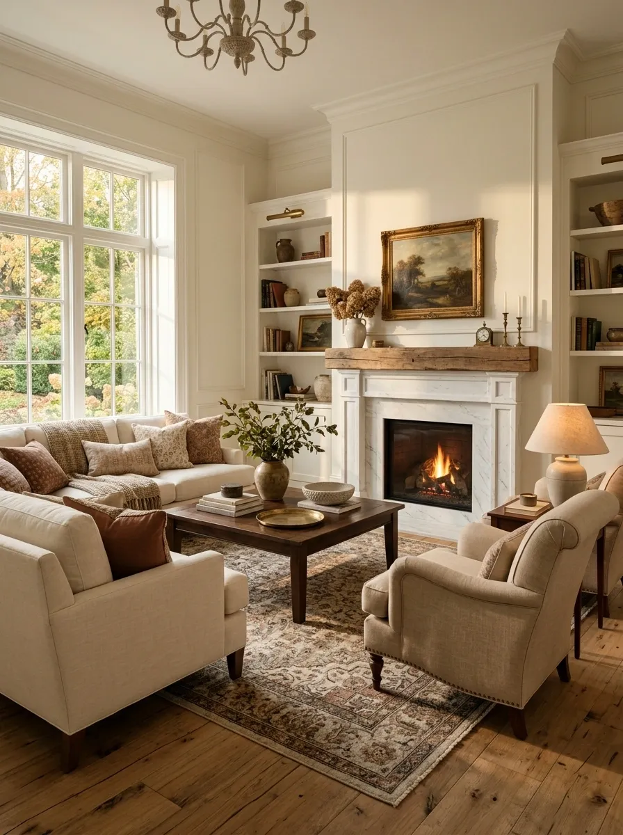 Corner Sofa Facing a Fireplace With Two Symmetrical Lounge Chairs