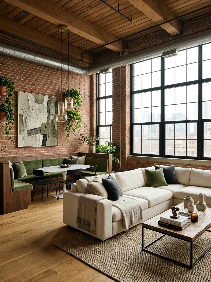 Corner Sofa With a Banquette-Style Dining Zone in an Open Loft