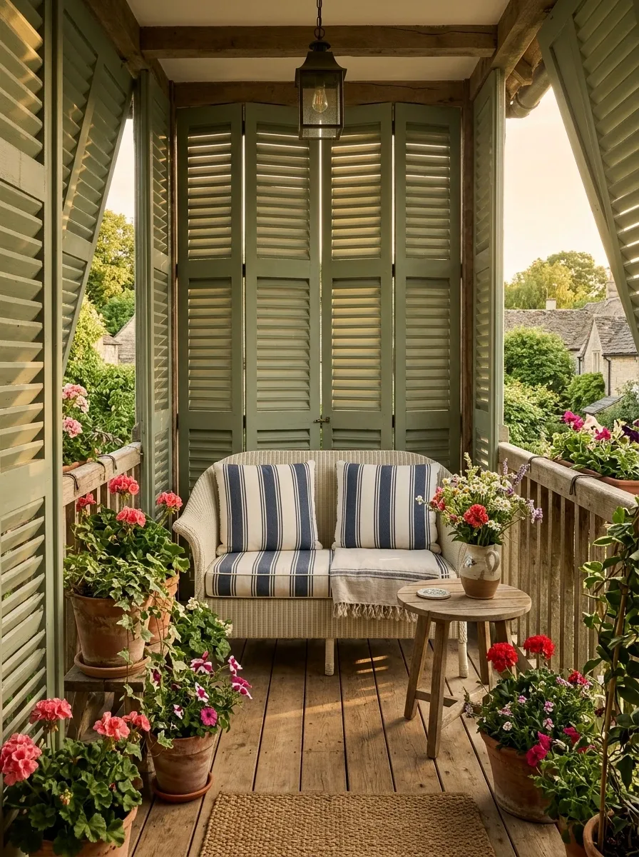 Cottage Balcony With Painted Shutter Screens