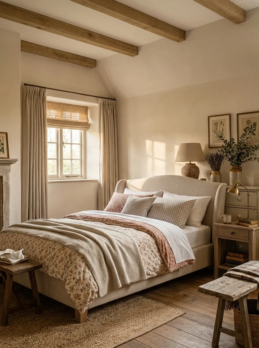 Cottage Bedroom With Layered Window Treatments