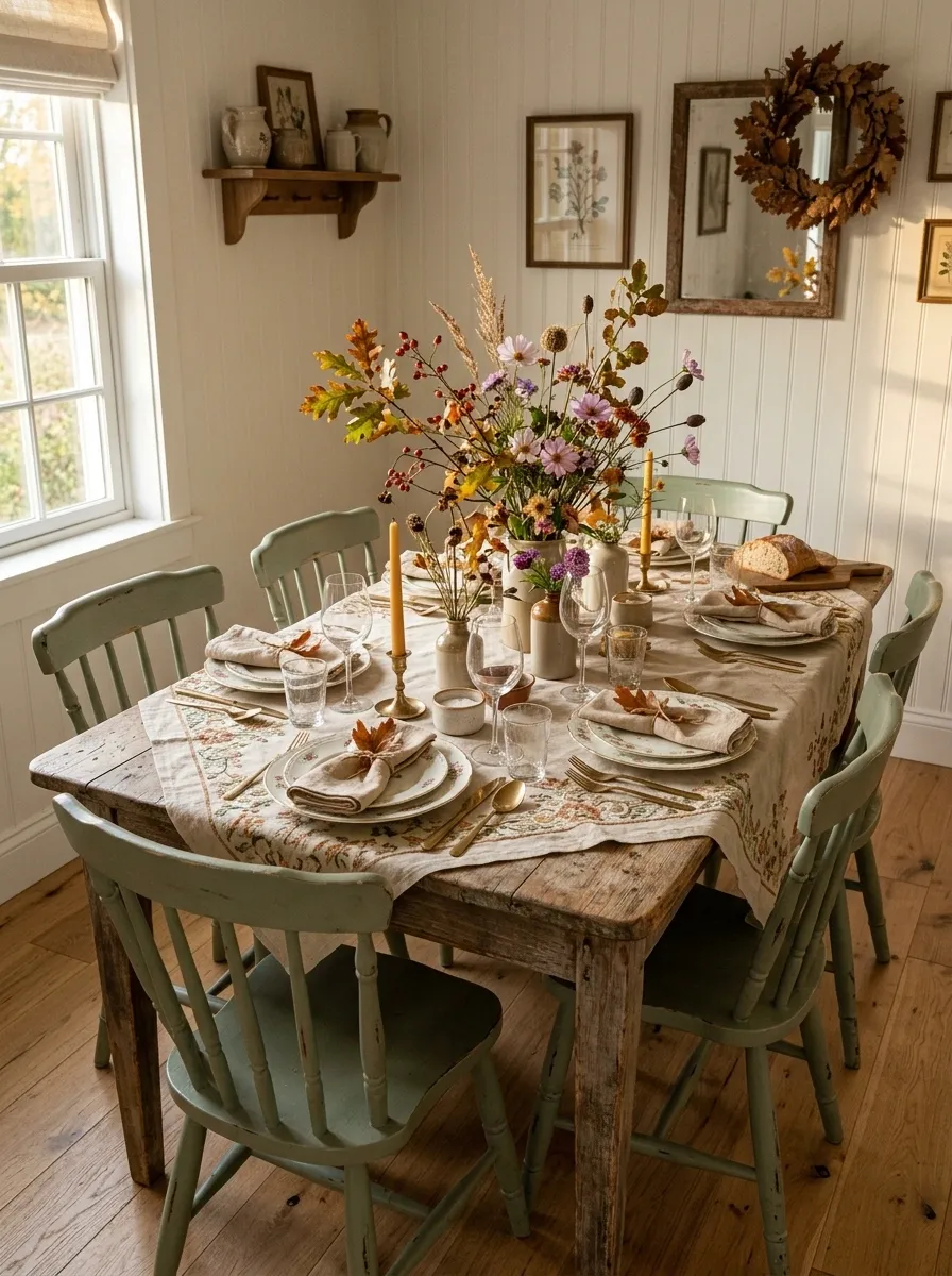 Cottage Dining Table With Wildflower-Style Autumn Arrangement