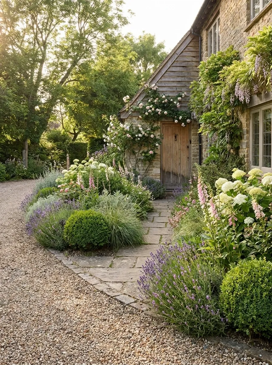 Cottage Driveway With Loose Flowering Borders