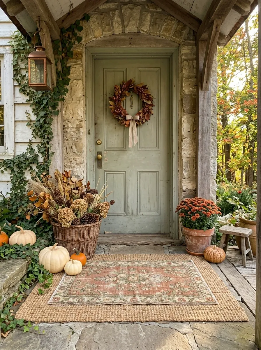 Cottage Entry With Layered Floral Autumn Textures