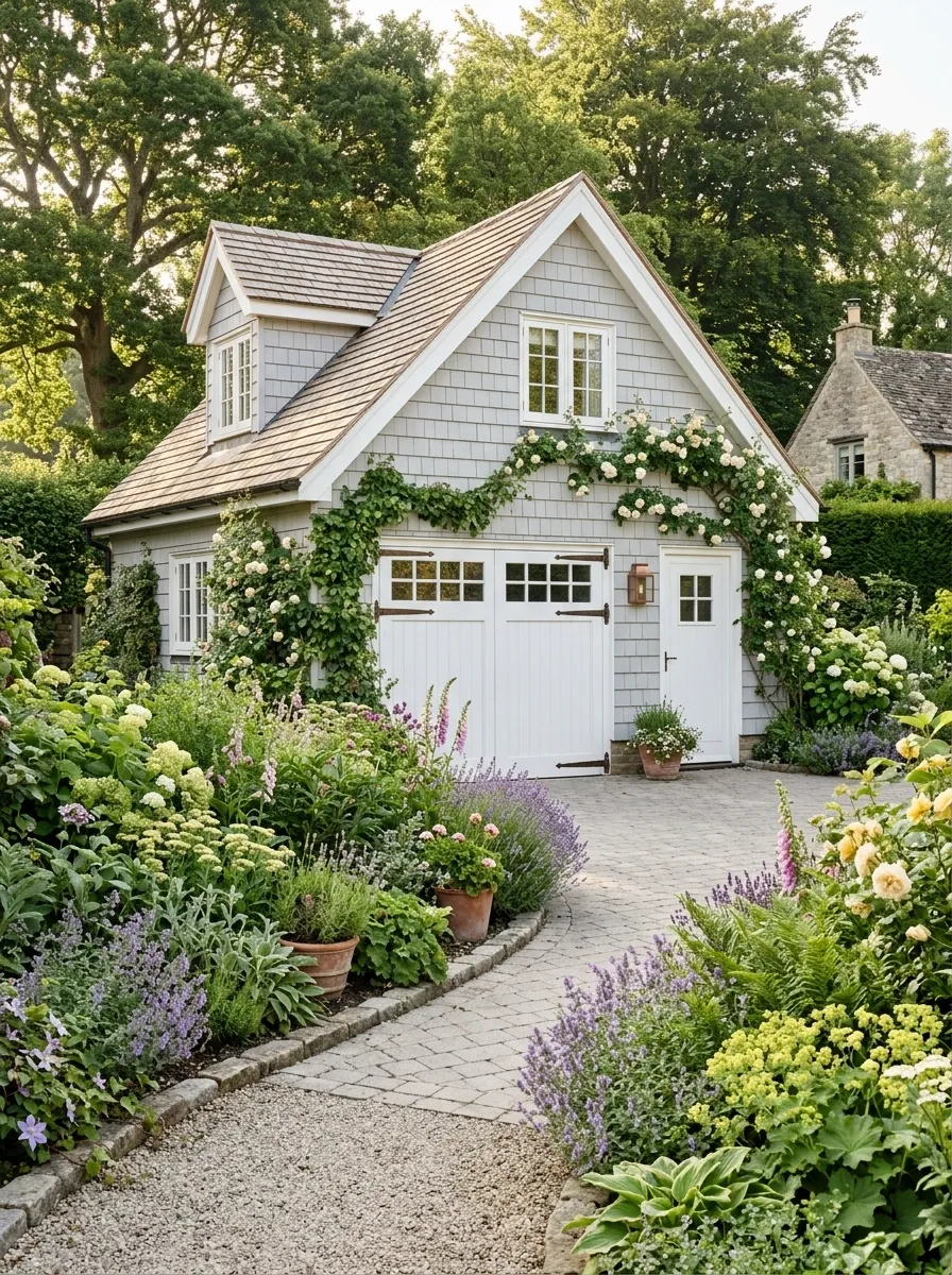 Cottage Garage With Loose Flower-Filled Planter Beds