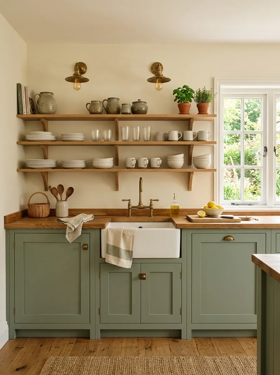 Cottage Green Kitchen With Open Shelving and Warm Wood