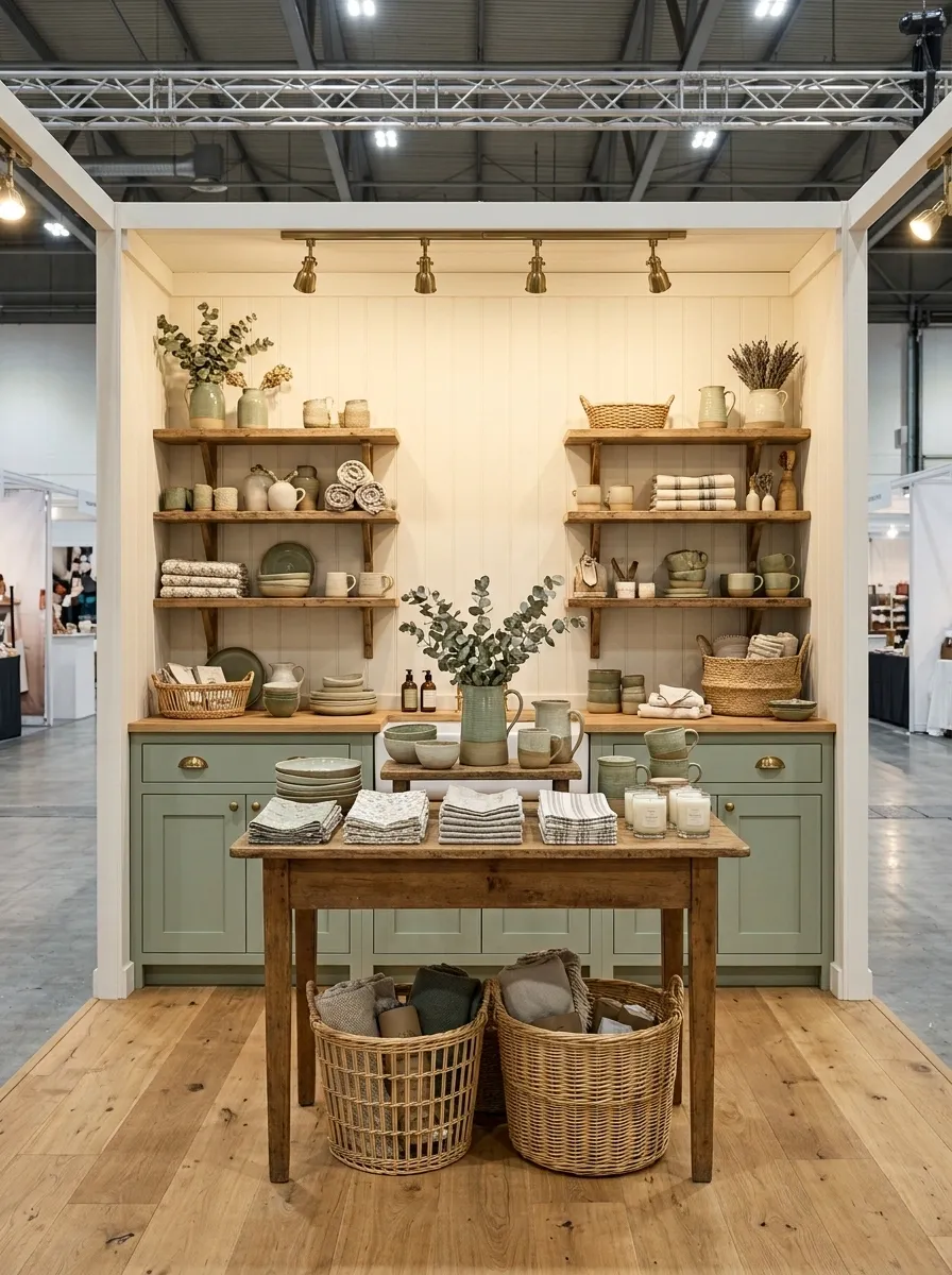 Cottage-Inspired Booth With Shaker Cabinetry and Floral Textiles