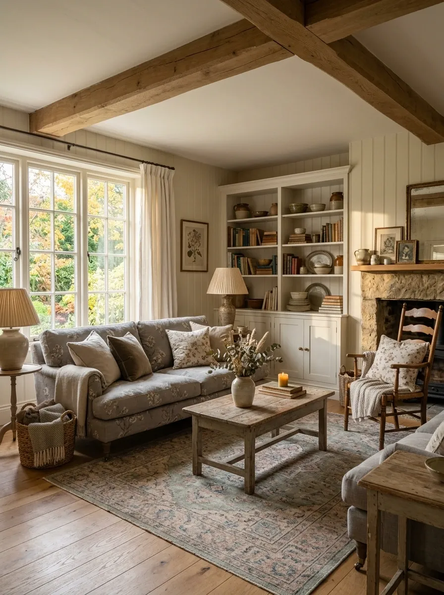 Cottage-Inspired Living Room With Relaxed Grey Sofa
