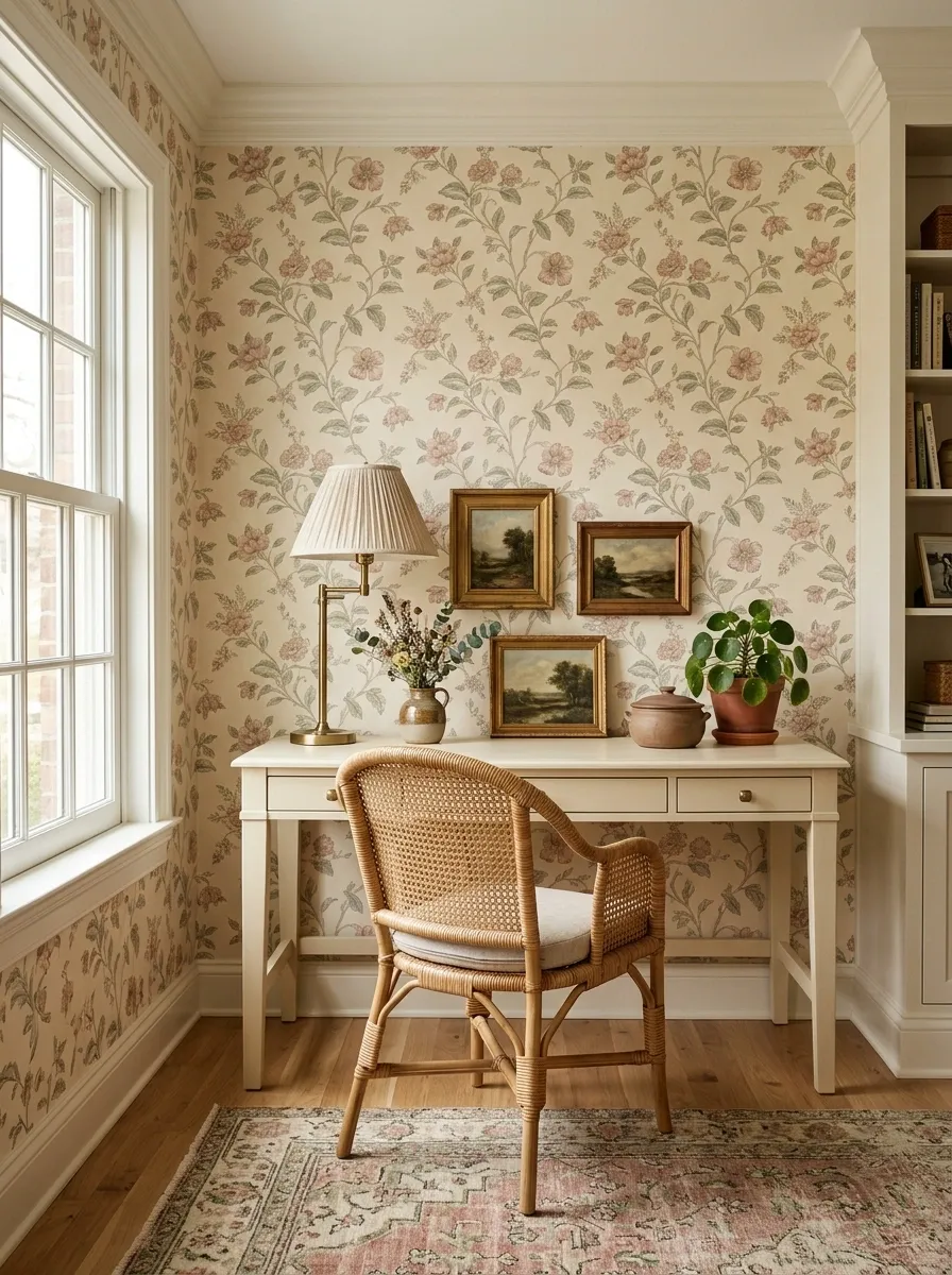 Cottage-Inspired Office With Soft Floral Wallpaper