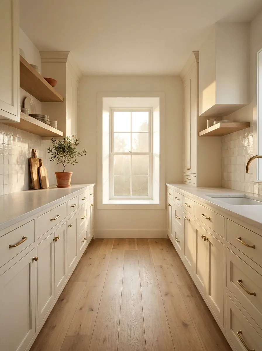 Cottage Kitchen With Open Shelving and a Deep Window
