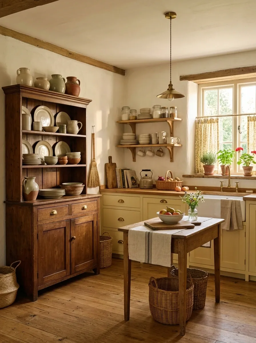 Cottage Kitchen With Pale Yellow Cabinets and Floral Curtains