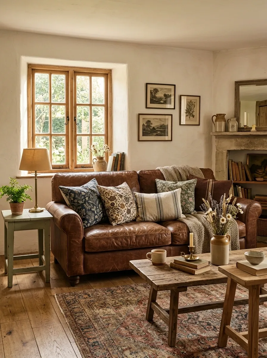 Cottage Living Room With a Weathered Brown Sofa