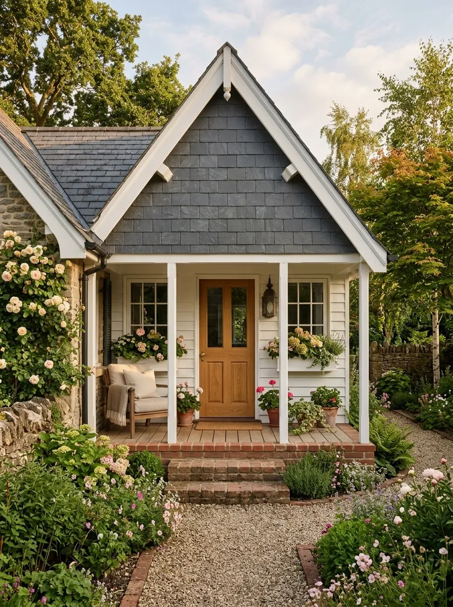 Cottage Porch With a Steep Pitched Roof and Small Footprint