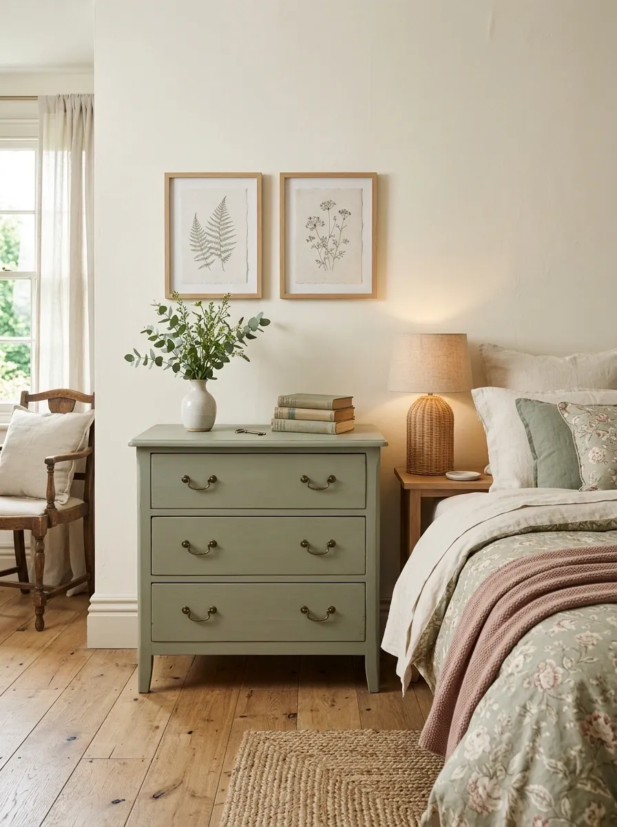 Cottage Sage Dresser With Botanical Artwork and Floral Bedding